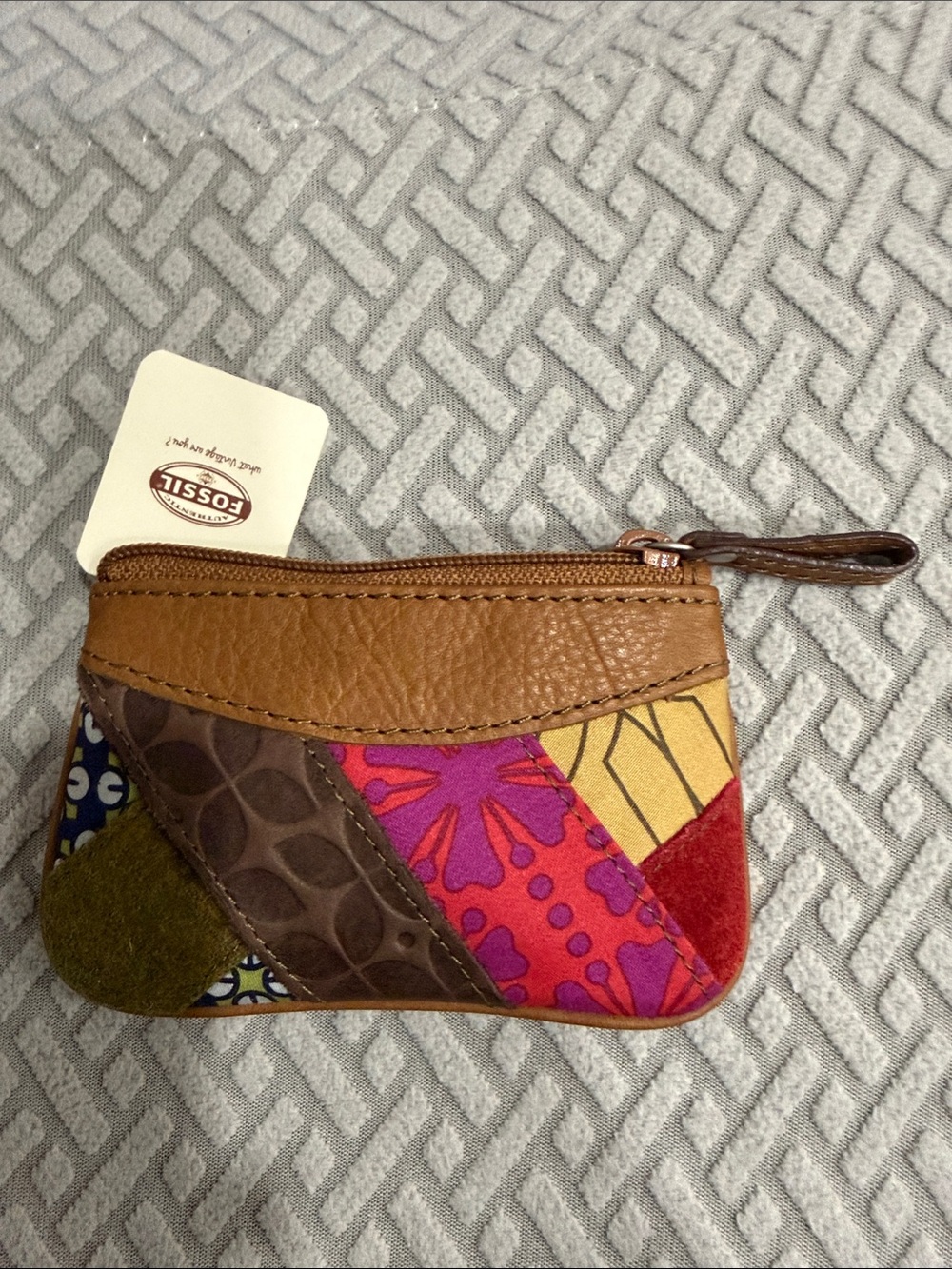 Fossil Vintage Patchwork Multicolor Leather Coin Pouch Zip Card Case ID Wallet